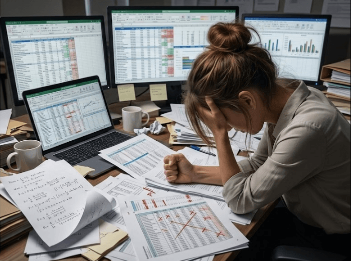 Profissional sobrecarregada com excesso de controles manuais